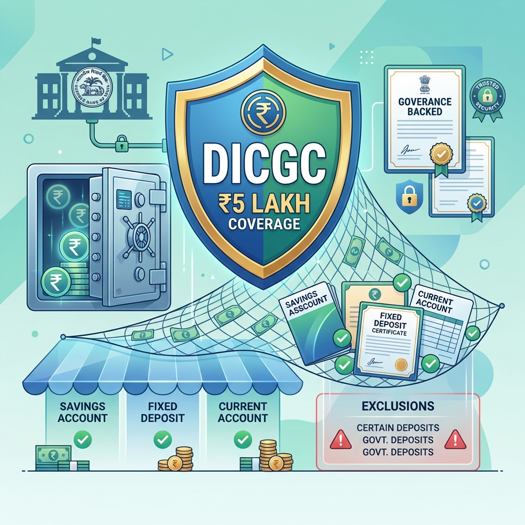 DICGC ₹5 lakh deposit insurance protection covering savings, FD, and current accounts in India