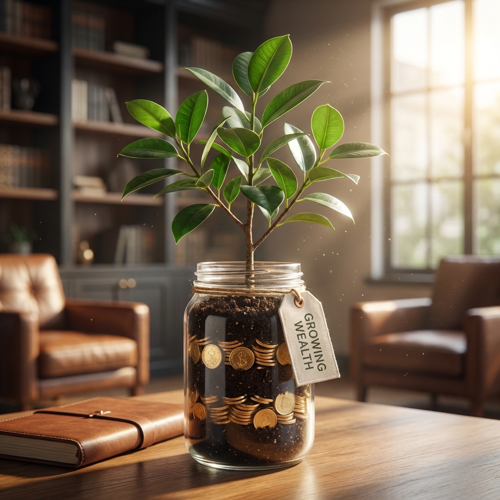 Plant growing out of coins representing wealth growth