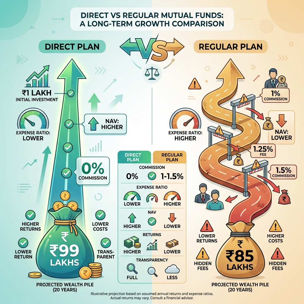 Direct vs Regular mutual funds comparison showing expense ratio differences