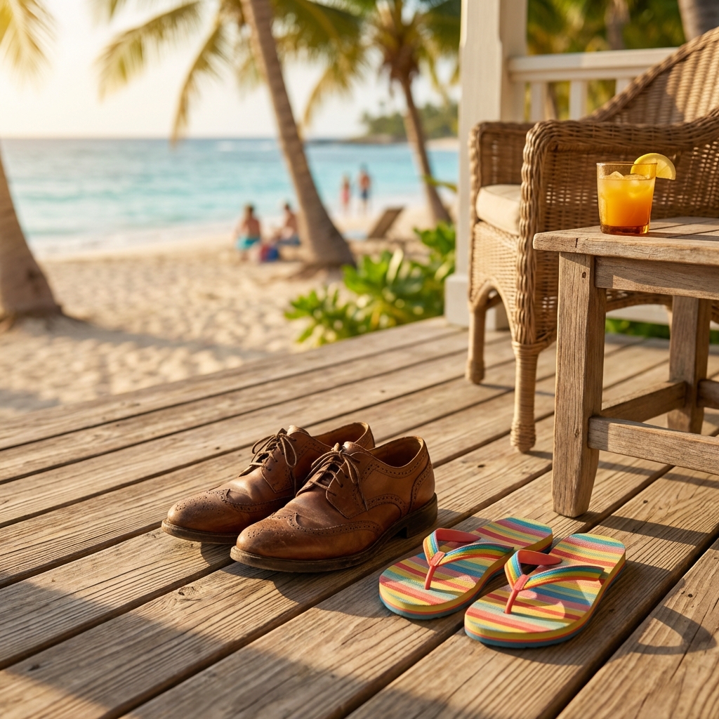Office shoes next to beach flip-flops