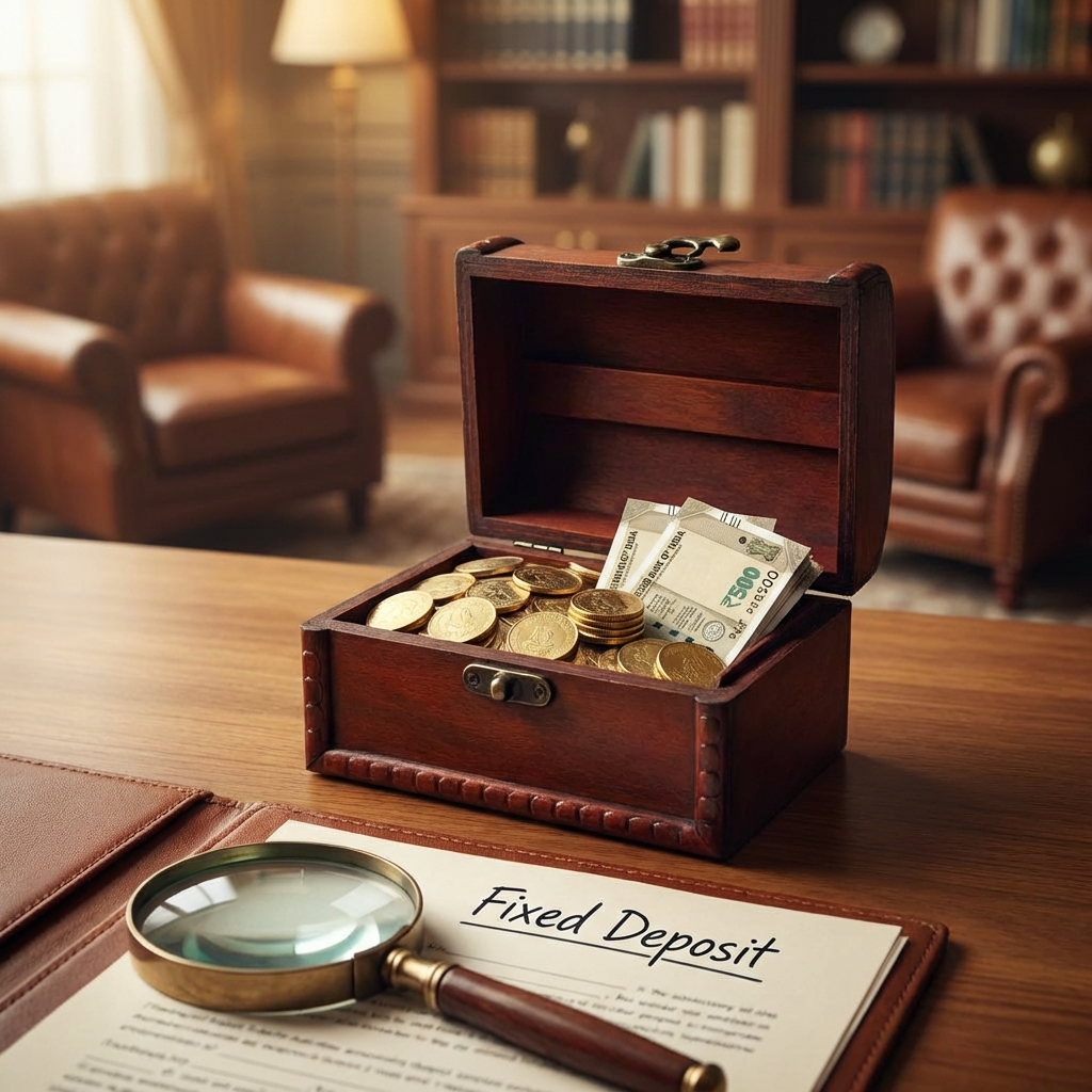 A wooden chest with gold coins and currency, representing the security of a Fixed Deposit