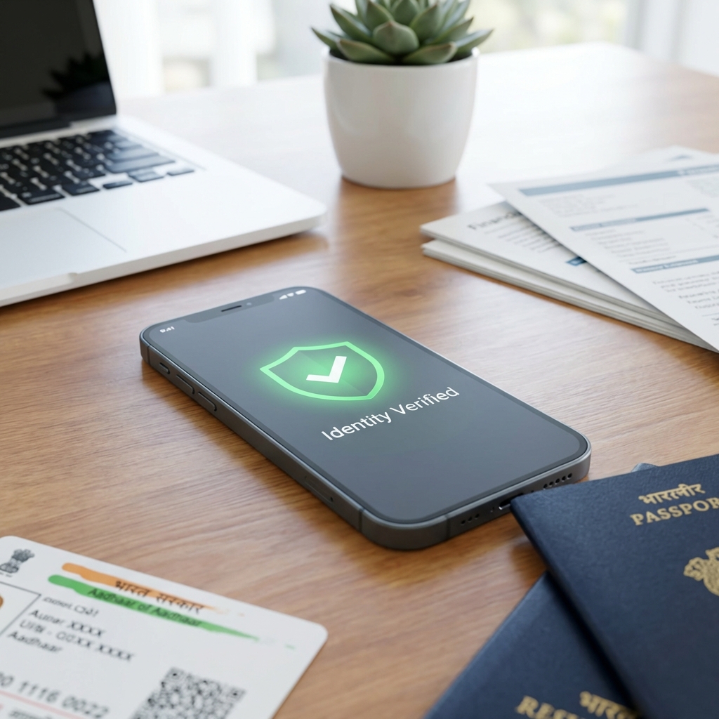 A smartphone showing an 'Identity Verified' screen with a shield icon