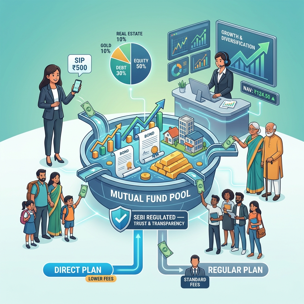 Illustration of mutual fund pooling money