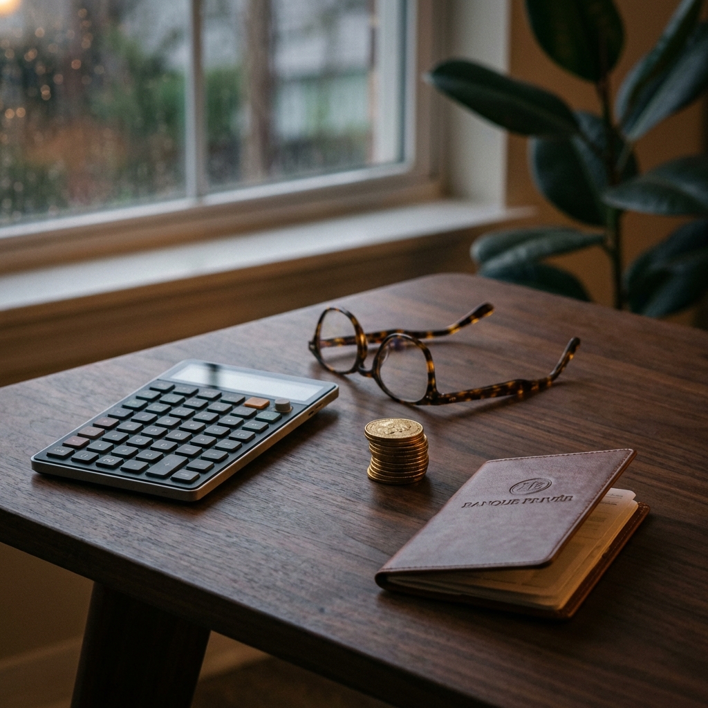 Calculating financial health with stack of coins and calculator