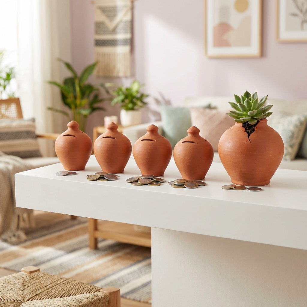 A row of terracotta piggy banks representing consistent monthly savings