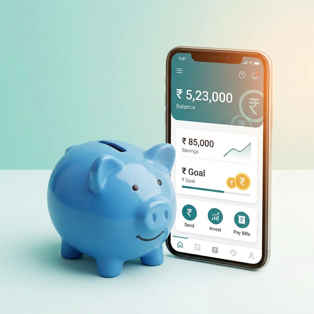 A blue ceramic piggy bank next to a smartphone showing a banking balance